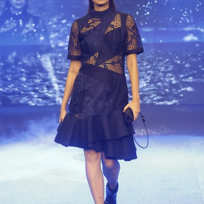 Midnight Lace Panel Denim Midi Dress