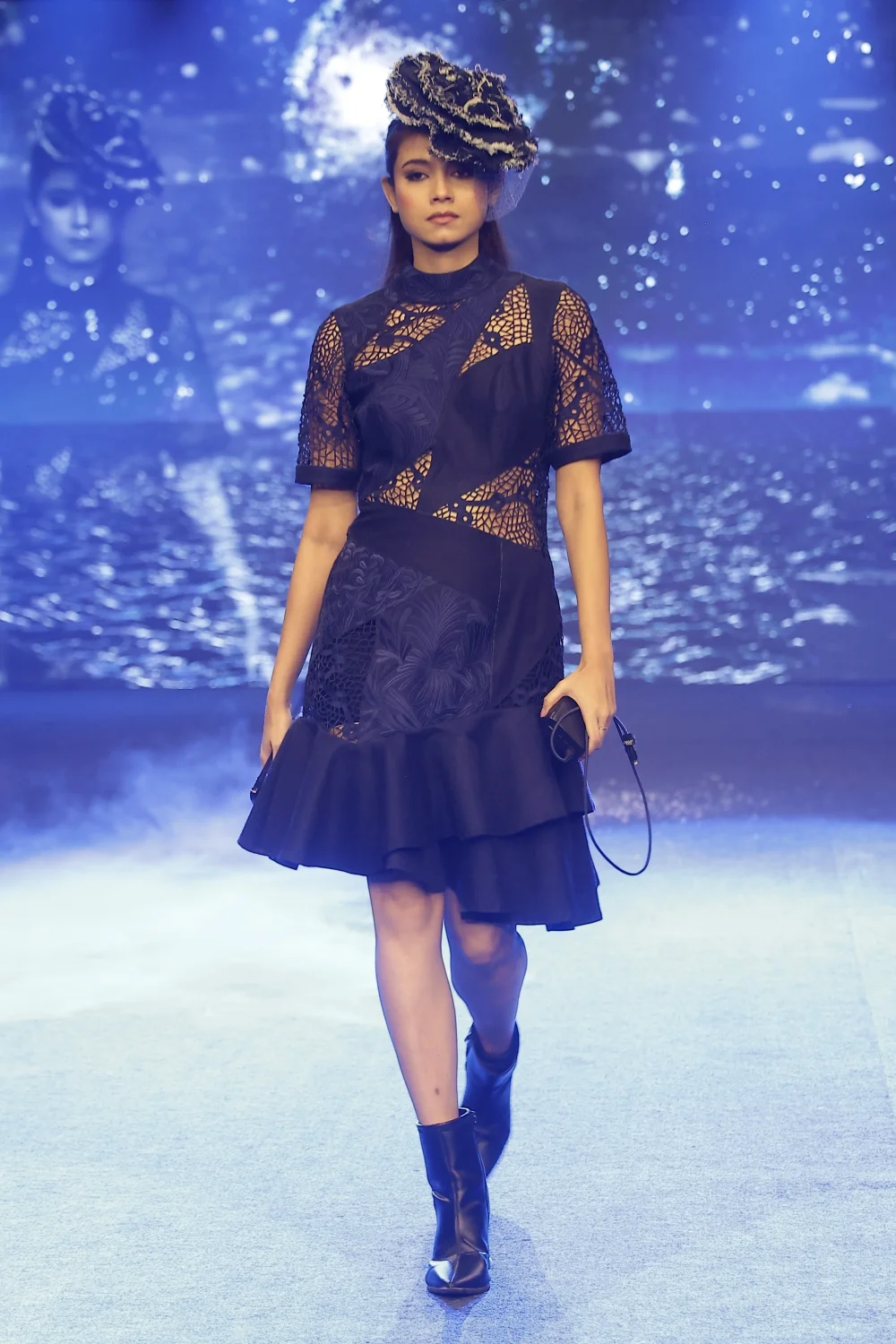 Midnight Lace Panel Denim Midi Dress